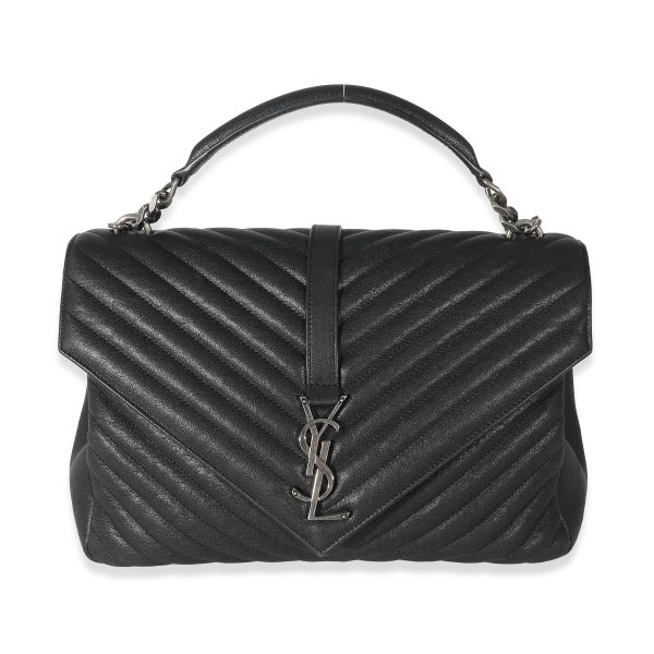 133609 fv Saint Laurent Black Chevron Quilted Leather Monogram Large College Bag