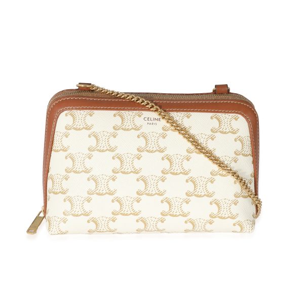 133754 fv 559ec553 423f 482d b803 206f4ee449a7 Celine White Tan Triomphe Canvas Clutch With Chain