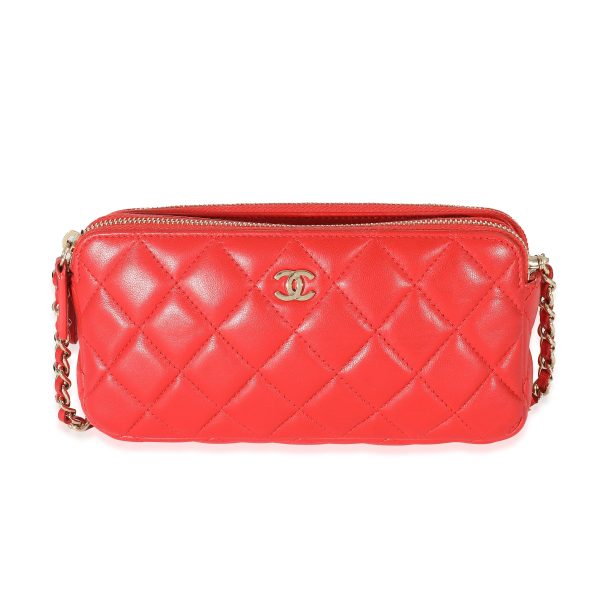 133782 fv Chanel Red Lambskin Double Zip Clutch With Chain