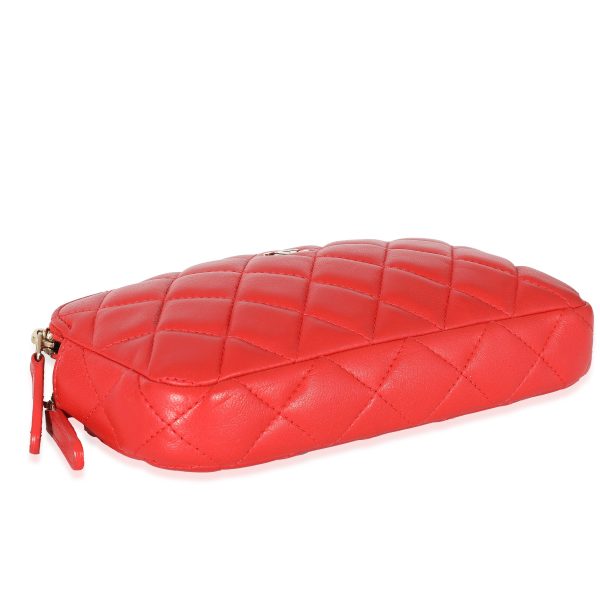 133782 stamp Chanel Red Lambskin Double Zip Clutch With Chain