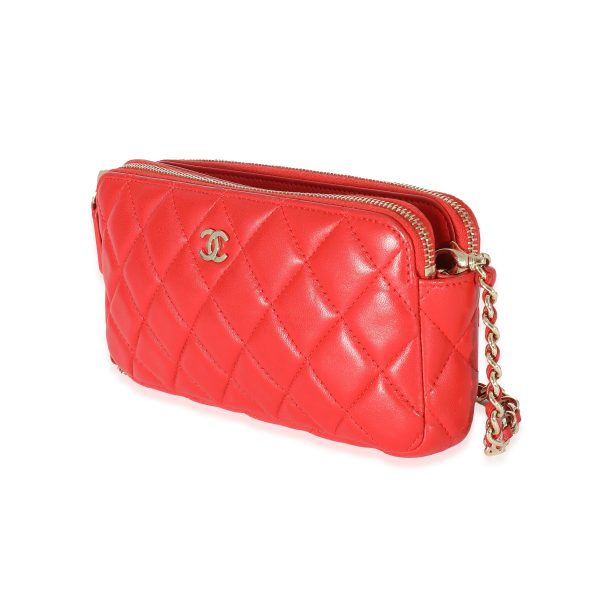 133782 sv Chanel Red Lambskin Double Zip Clutch With Chain