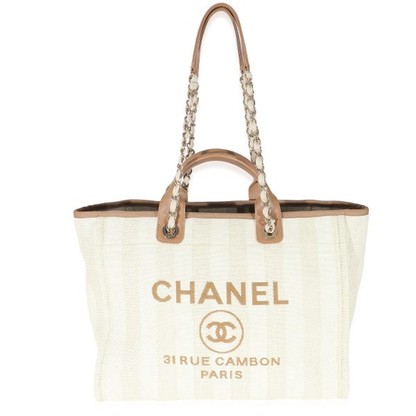 133913 stamp Chanel Beige Brown Mixed Fibers Stripe Large Deauville Tote