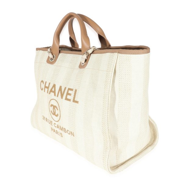 133913 sv Chanel Beige Brown Mixed Fibers Stripe Large Deauville Tote