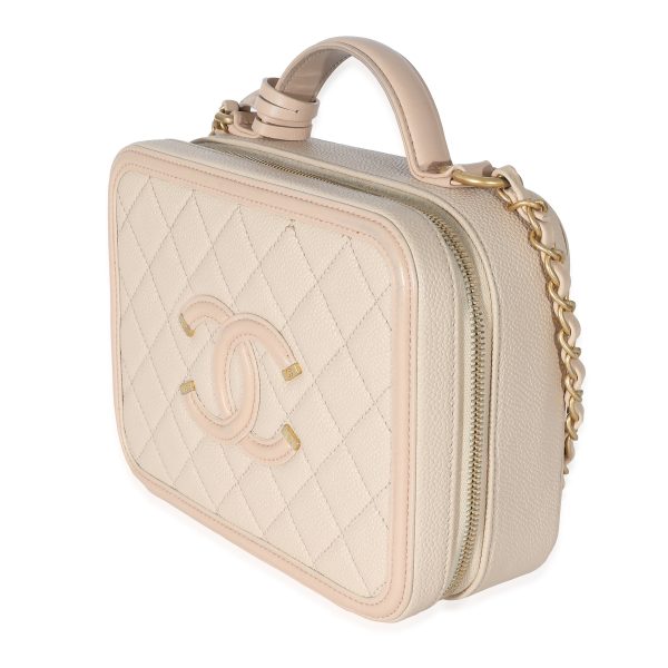 134007 sv Chanel Beige Quilted Caviar Medium Filigree Vanity Case