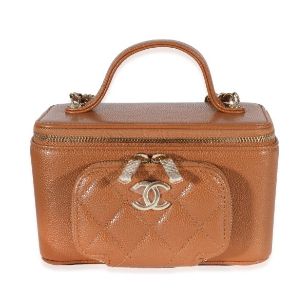 134434 fv Chanel Camel Quilted Caviar Top Handle Pocket Vanity Case