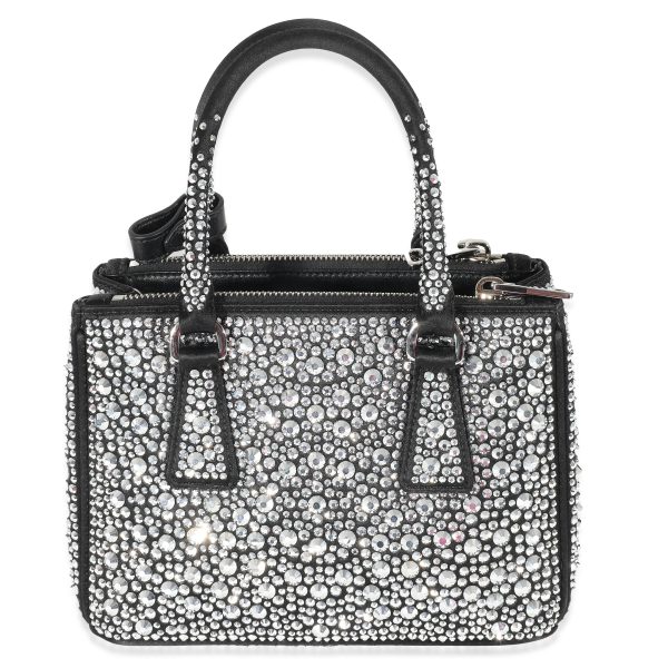 134437 bv Prada Metal Black Satin Crystals Mini Galleria Double Zip Tote