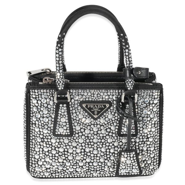 134437 fv Prada Metal Black Satin Crystals Mini Galleria Double Zip Tote