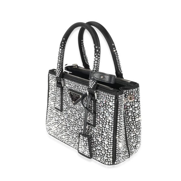 134437 sv Prada Metal Black Satin Crystals Mini Galleria Double Zip Tote