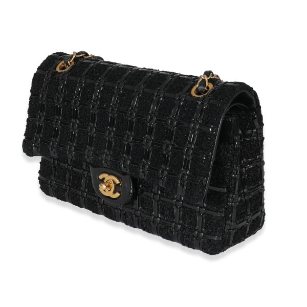 134469 sv f77effda 309d 4889 993c 69e666413c42 Chanel Black Tweed Woven Leather Medium Classic Double Flap Bag