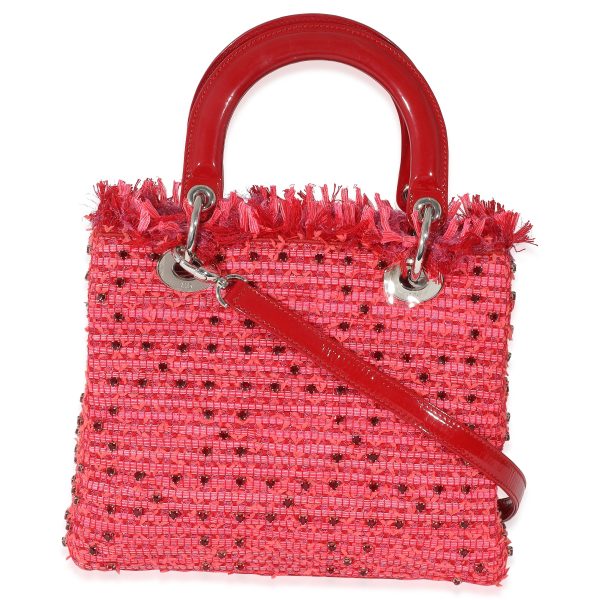 134519 pv Christian Dior Pink Red Tweed Fringe Medium Lady Dior