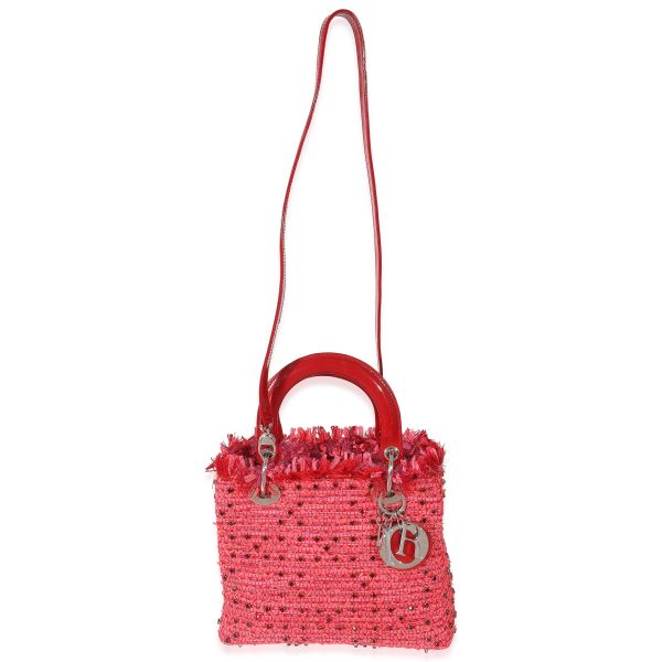 134519 stamp Christian Dior Pink Red Tweed Fringe Medium Lady Dior