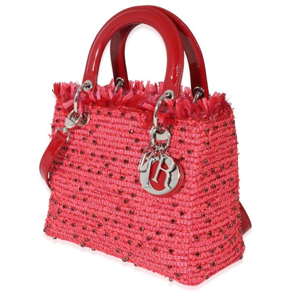 134519 sv Christian Dior Pink Red Tweed Fringe Medium Lady Dior