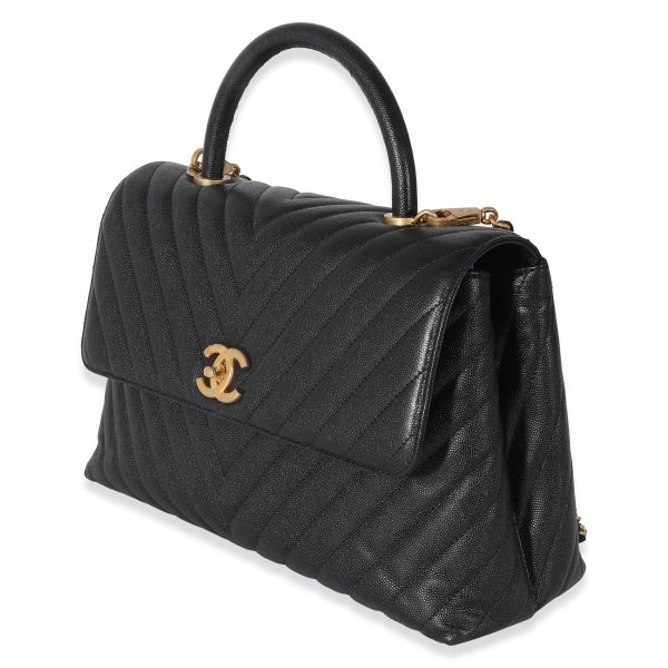 134665 sv Chanel Black Chevron Caviar Coco Top Handle Bag