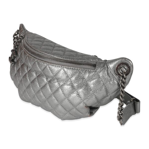 134703 sv Chanel Silver Metallic Calfskin Banane Waist Bag