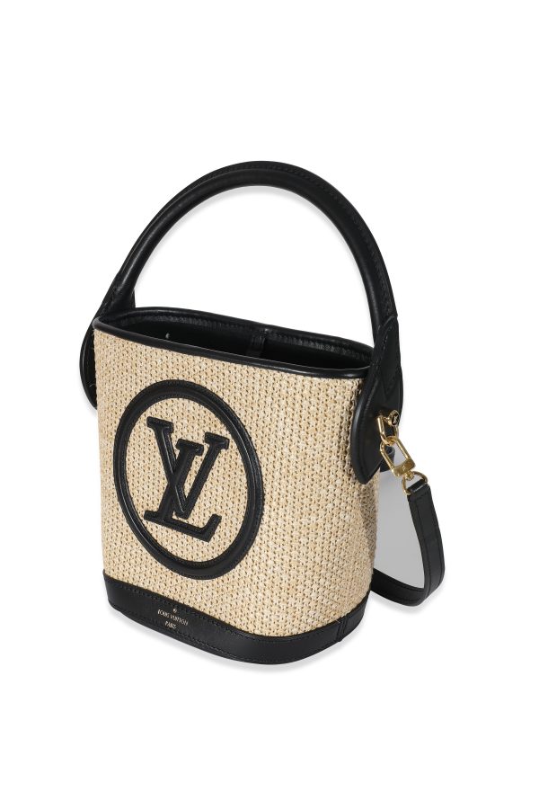 134710 sv Louis Vuitton Black Beige Raffia Petit Bucket Bag