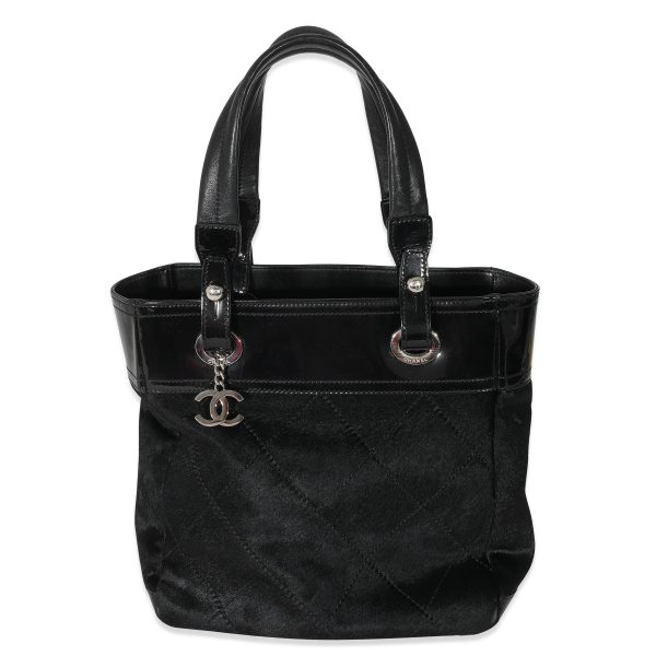 134912 fv Chanel Black Patent Pony Hair Small Paris Biarritz Tote