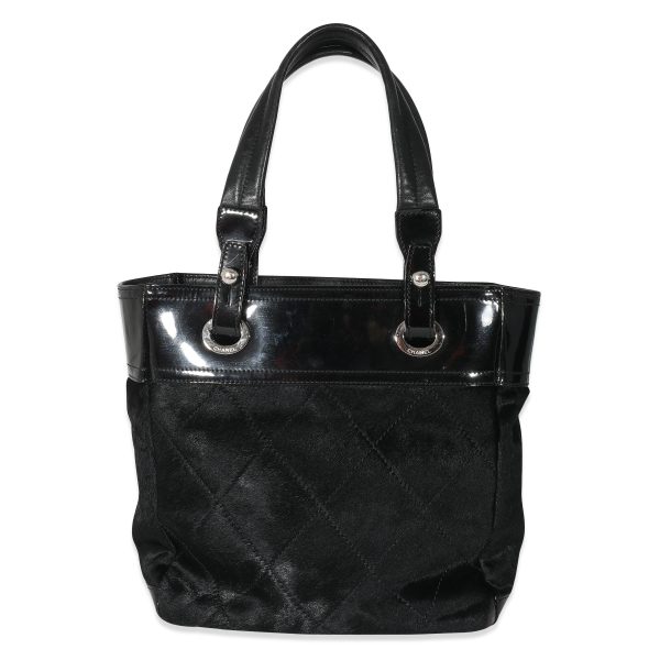 134912 pv Chanel Black Patent Pony Hair Small Paris Biarritz Tote