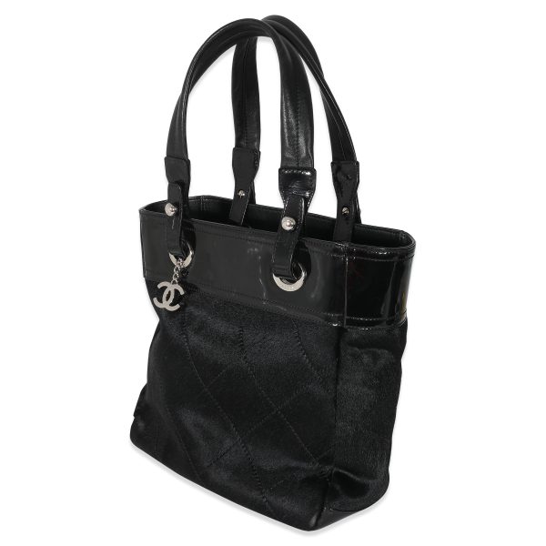 134912 sv Chanel Black Patent Pony Hair Small Paris Biarritz Tote