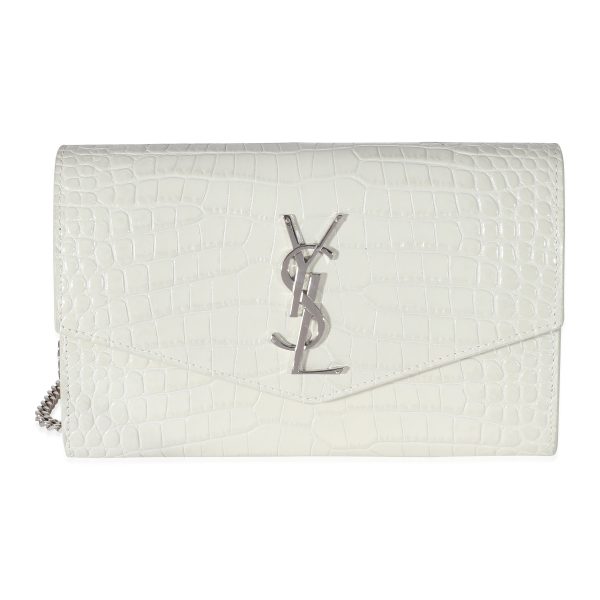 134914 fv Saint Laurent Blanc Croc Embossed Uptown Chain Wallet