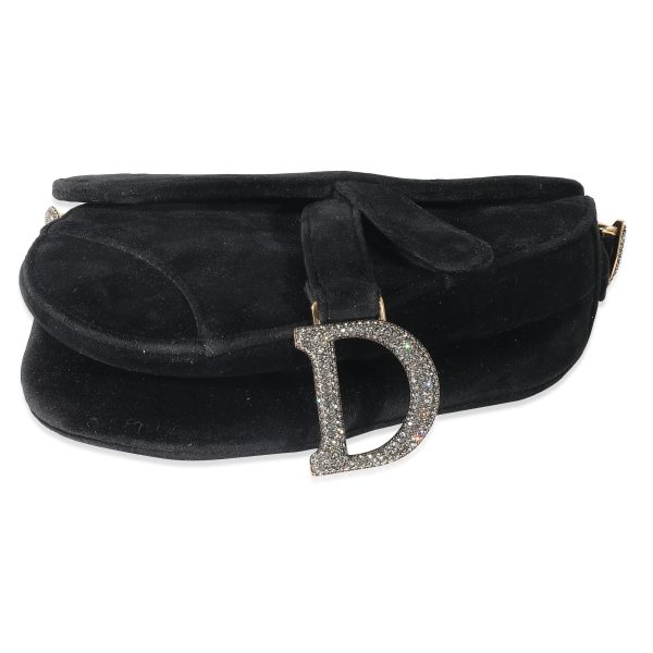 134945 stamp Christian Dior Black Velvet Crystals Mini Saddle Bag