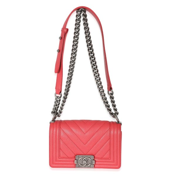 134956 bv Chanel Red Caviar Chevron Small Boy Bag