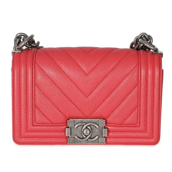 134956 fv Chanel Red Caviar Chevron Small Boy Bag