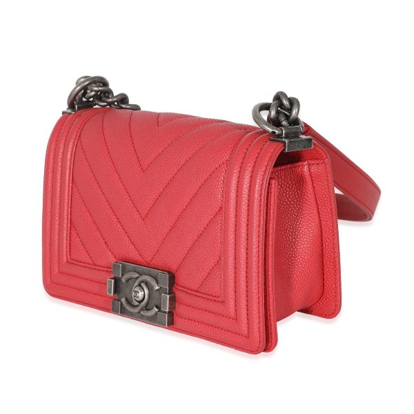 134956 sv Chanel Red Caviar Chevron Small Boy Bag