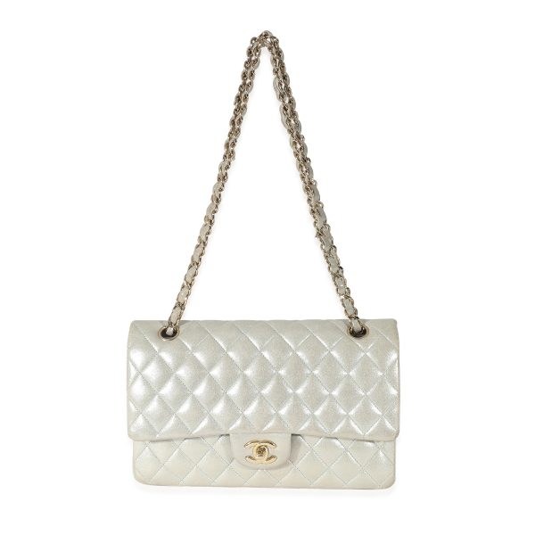 134965 bv 16f072ef b173 4d4c bbc6 e9cb5a360953 Chanel Silver Quilted Nubuck Medium Classic Double Flap Bag