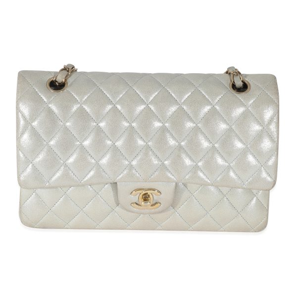 134965 fv 412f4c9c 1ed5 4888 8f65 861abde4587e Chanel Silver Quilted Nubuck Medium Classic Double Flap Bag