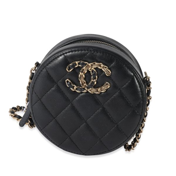 135046 fv Chanel Navy Quilted Lambskin Woven CC Round Clutch With Chain