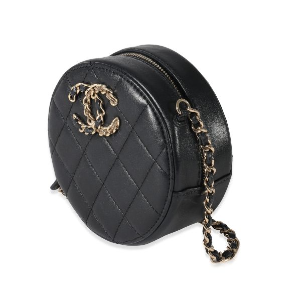 135046 sv Chanel Navy Quilted Lambskin Woven CC Round Clutch With Chain