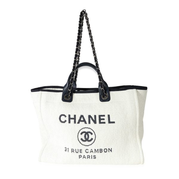 135047 bv c3c3c17c 4915 413d 9d59 e63250c557a7 Chanel White Navy Mixed Fibres Large Deauville Tote