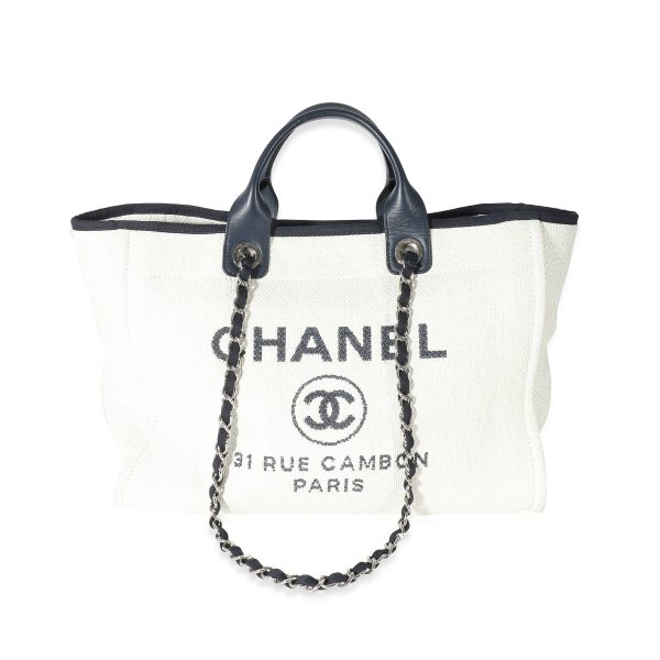 135047 fv 10cf134e b907 40be 9c0b 4b4c69c0980d Chanel White Navy Mixed Fibres Large Deauville Tote