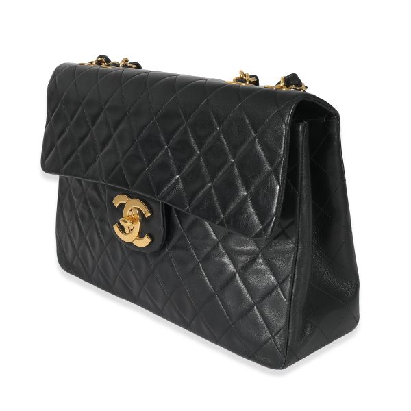 135372 sv Chanel 24K Black Quilted Lambskin Jumbo XL Single Flap Bag