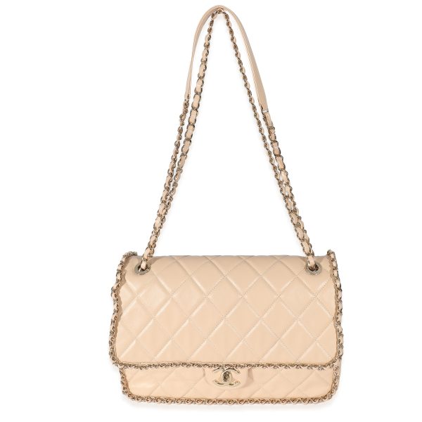 135387 bv Chanel Beige Crumpled Calfskin Medium Chain All Over Flap Bag