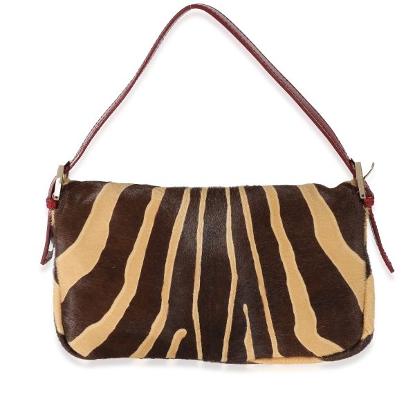 135425 clasp Fendi Brown Beige Zebra Pony Hair Crystal Baguette Bag