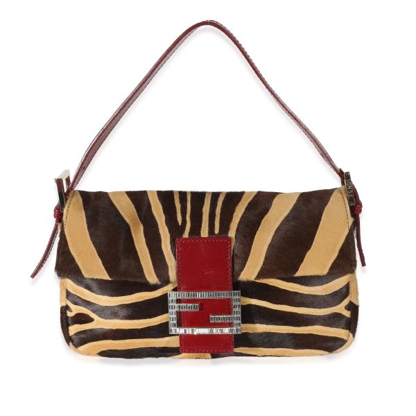 135425 fv Fendi Brown Beige Zebra Pony Hair Crystal Baguette Bag