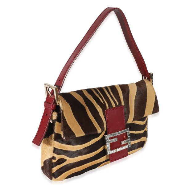 135425 pv Fendi Brown Beige Zebra Pony Hair Crystal Baguette Bag