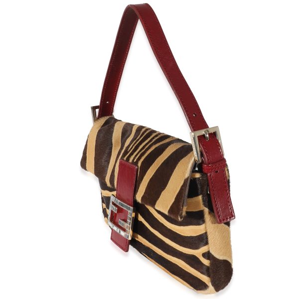 135425 sv Fendi Brown Beige Zebra Pony Hair Crystal Baguette Bag