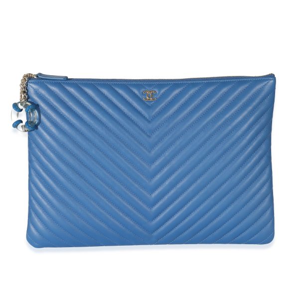 135692 fv Chanel Blue Quilted Chevron Lambskin Large O Case