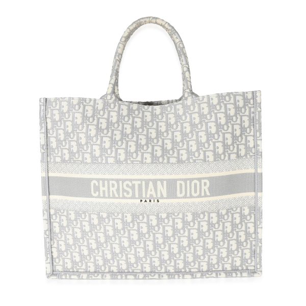 135876 stamp Christian Dior Ecru Gray Dior Oblique Embroidery Large Dior Book Tote