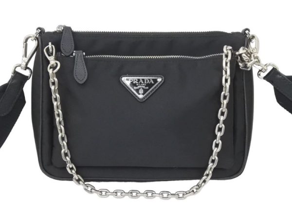 2 Prada Shoulder Bag Chain Pouch Triangle Logo Nylon Black