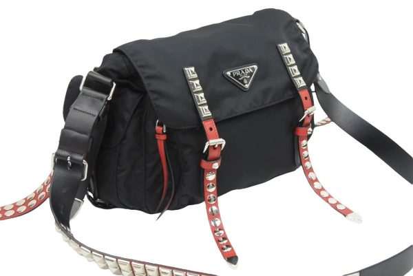 3 Prada Shoulder Bag Studded Messenger Nylon Black Red