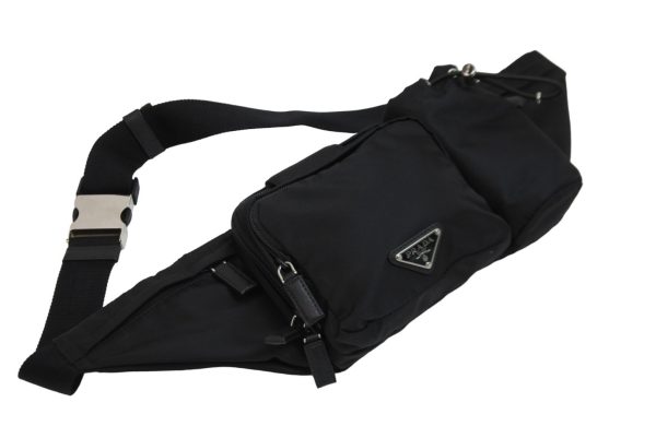 3 Prada Body Bag Logo Leather Black Silver