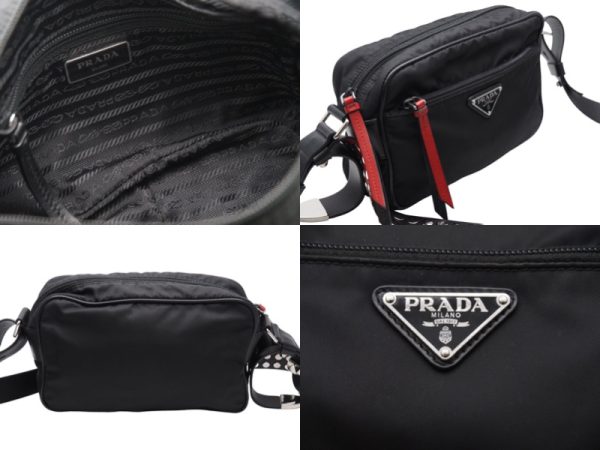 3 Prada Shoulder Belt Bag Studs Nylon Leather Black Red