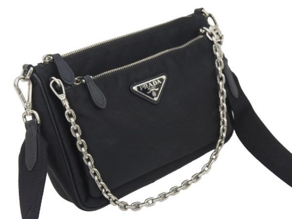 4 Prada Shoulder Bag Chain Pouch Triangle Logo Nylon Black