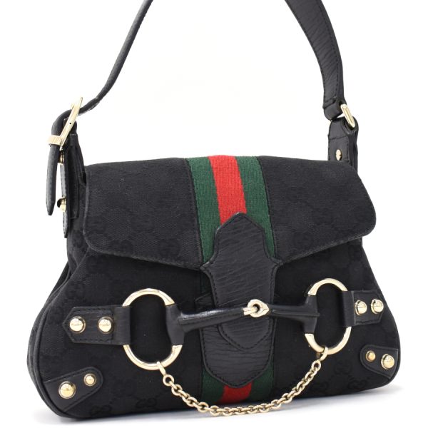 5000049884102143 1 Gucci GG Canvas Horsebit Handbag Black Sherry Line Web Red Green