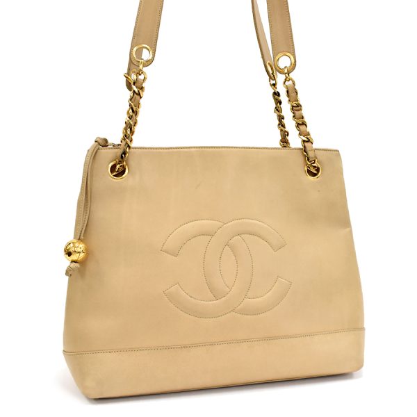 5000065884102466 1 Chanel Chain Shoulder Tote Bag Coco Mark Lambskin Leather Beige Gold Hardware