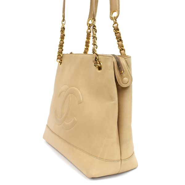 5000065884102466 2 Chanel Chain Shoulder Tote Bag Coco Mark Lambskin Leather Beige Gold Hardware