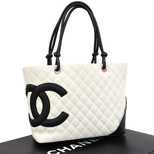 5000065884102468 1 Chanel Cambon Line Large Tote Bag Coco Mark Calfskin Leather White Black